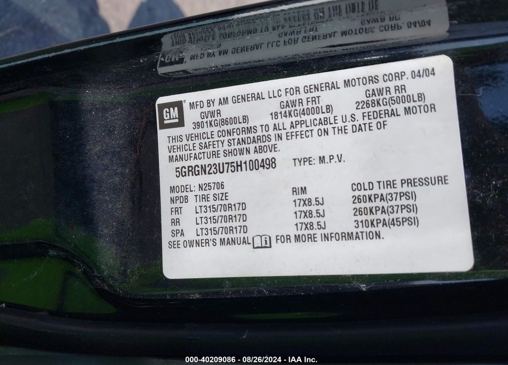 2005 HUMMER H2 SUV VIN: 5GRGN23U75H100498