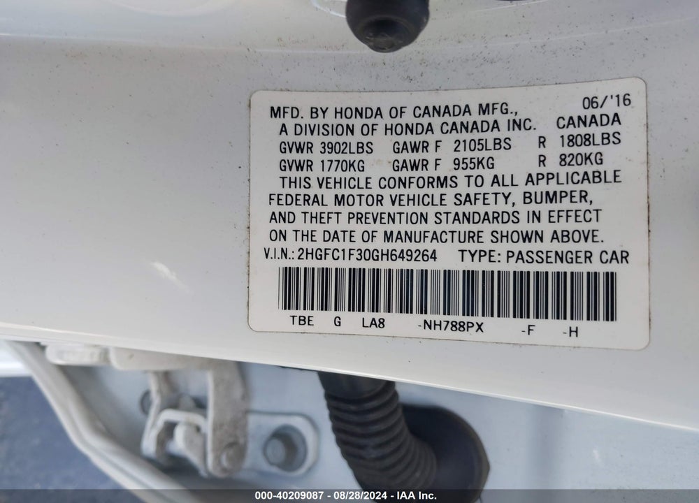 2016 HONDA CIVIC EX-T VIN: 2HGFC1F30GH649264
