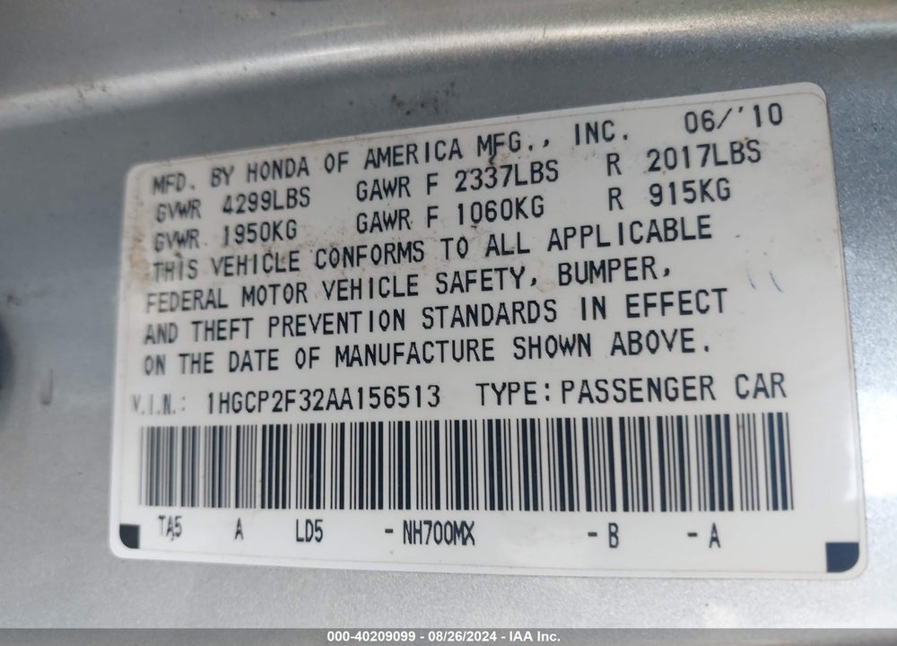 2010 HONDA ACCORD 2.4 LX VIN: 1HGCP2F32AA156513