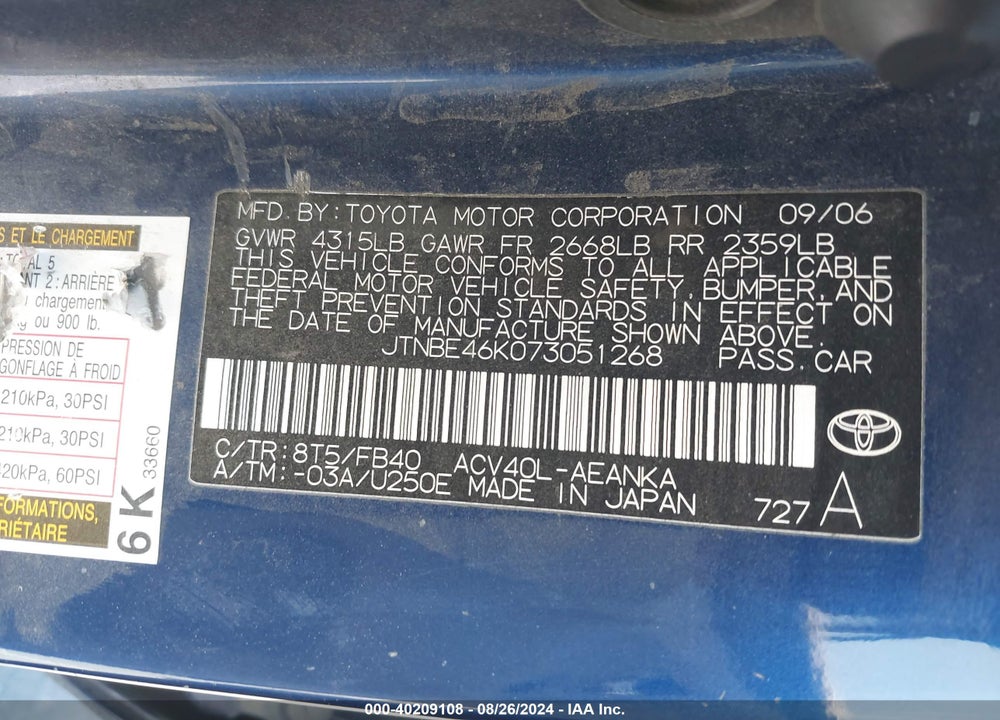 2007 TOYOTA CAMRY LE VIN: JTNBE46K073051268
