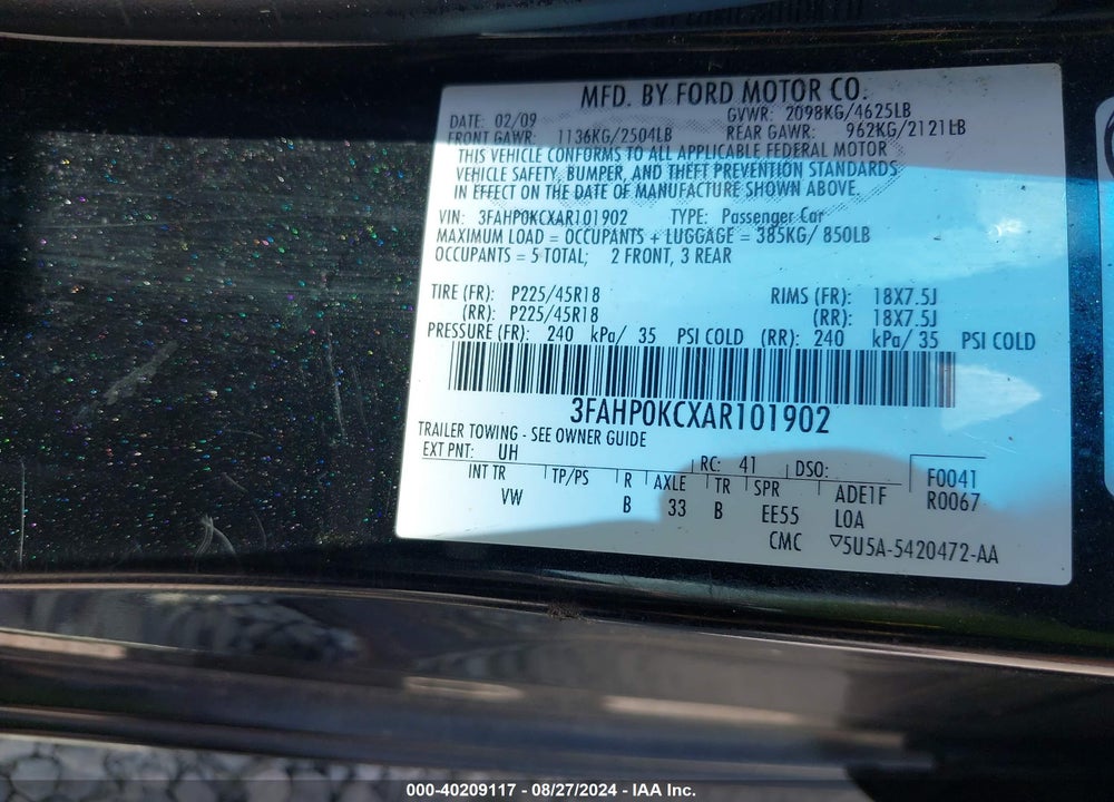 2010 FORD FUSION VIN: 3FAHP0KCXAR101902