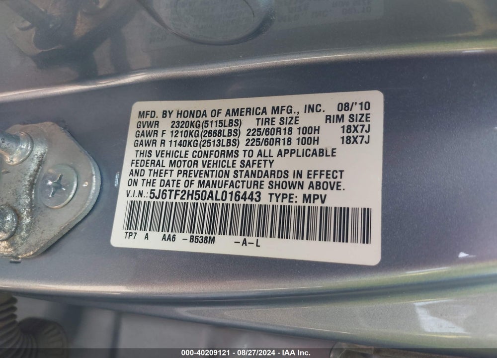 2010 HONDA ACCORD CROSSTOUR EX-L VIN: 5J6TF2H50AL016443
