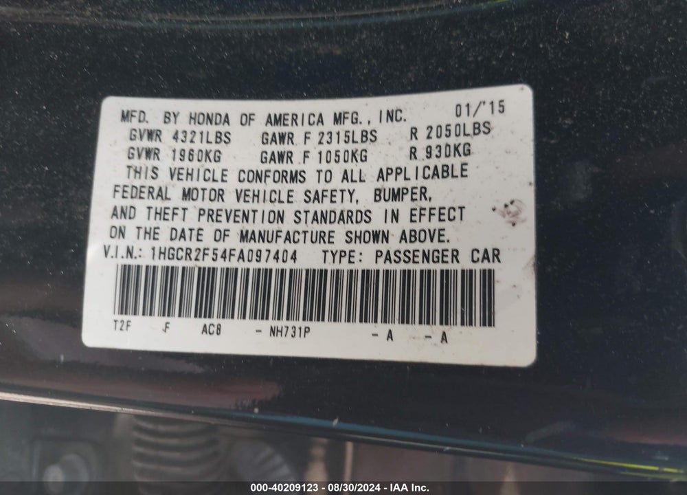 2015 HONDA ACCORD SPORT VIN: 1HGCR2F54FA097404