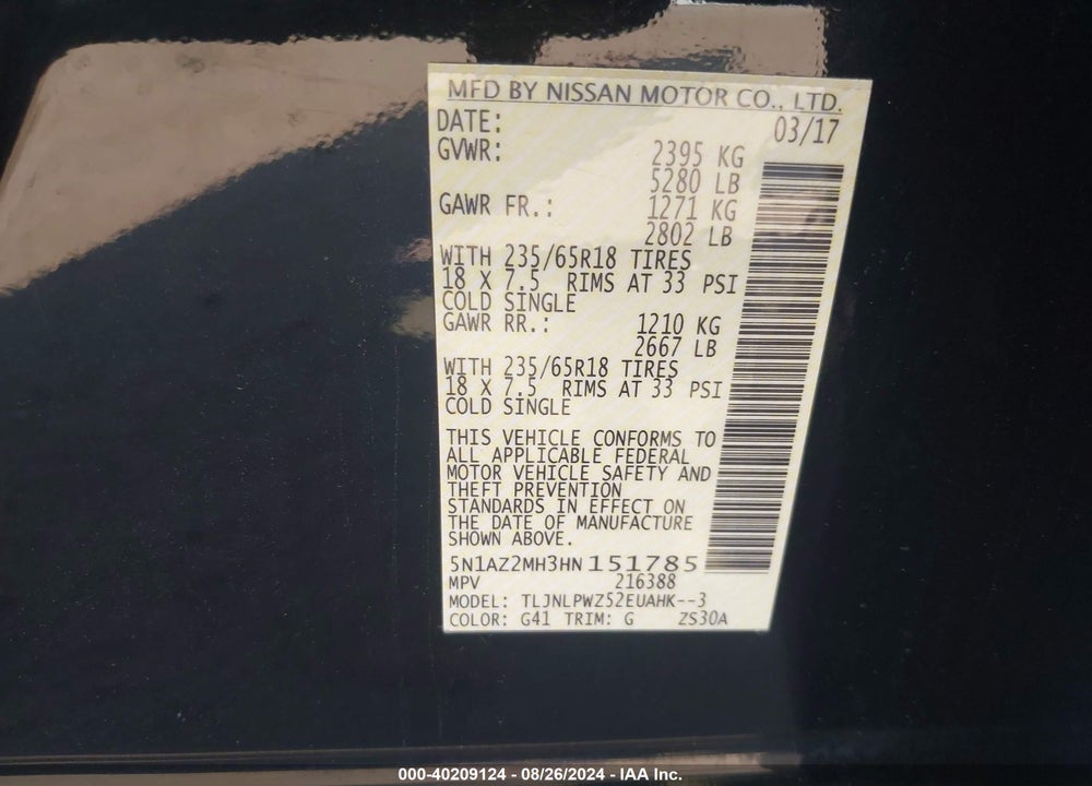2017 NISSAN MURANO S VIN: 5N1AZ2MH3HN151785