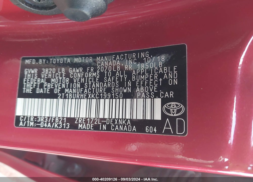 2019 TOYOTA COROLLA LE VIN: 2T1BURHEXKC199150