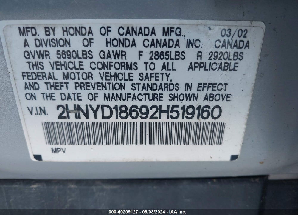 2002 ACURA MDX VIN: 2HNYD18692H519160