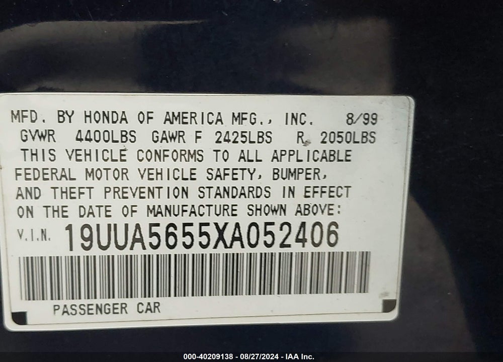 1999 ACURA TL 3.2 VIN: 19UUA5655XA052406