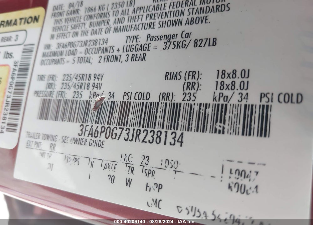 2018 FORD FUSION S VIN: 3FA6P0G73JR238134