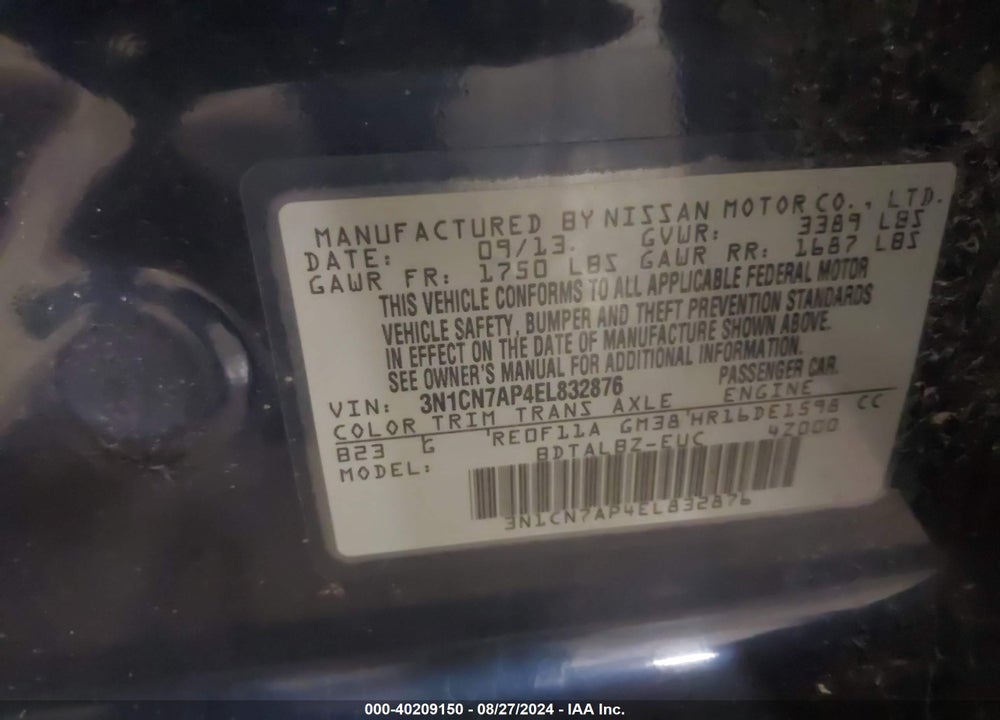 2014 NISSAN VERSA 1.6 SV VIN: 3N1CN7AP4EL832876