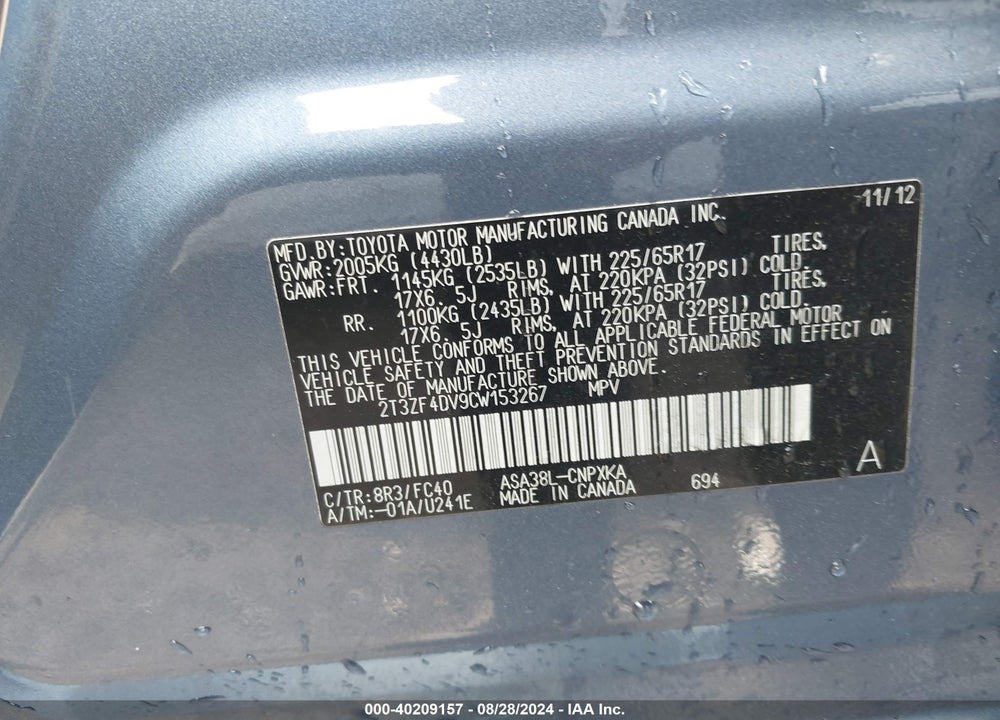 2012 TOYOTA RAV4 VIN: 2T3ZF4DV9CW153267