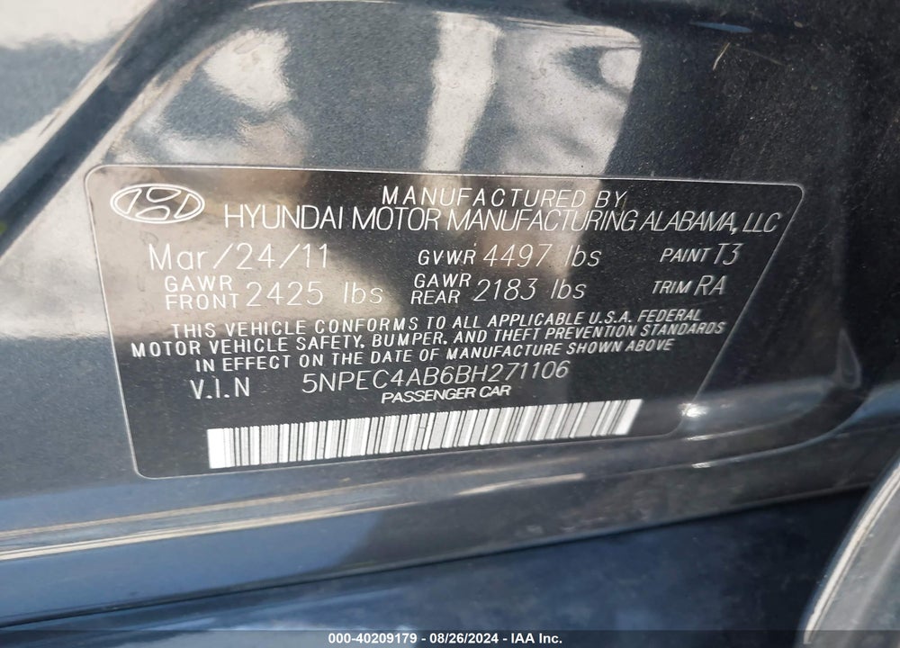 2011 HYUNDAI SONATA VIN: 5NPEC4AB6BH271106