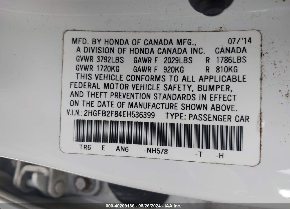 2014 HONDA CIVIC EX VIN: 2HGFB2F84EH536399