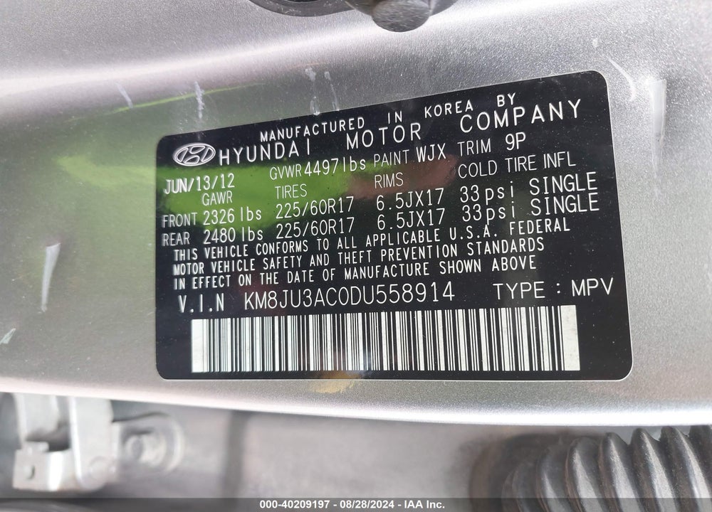 2013 HYUNDAI TUCSON GLS VIN: KM8JU3AC0DU558914