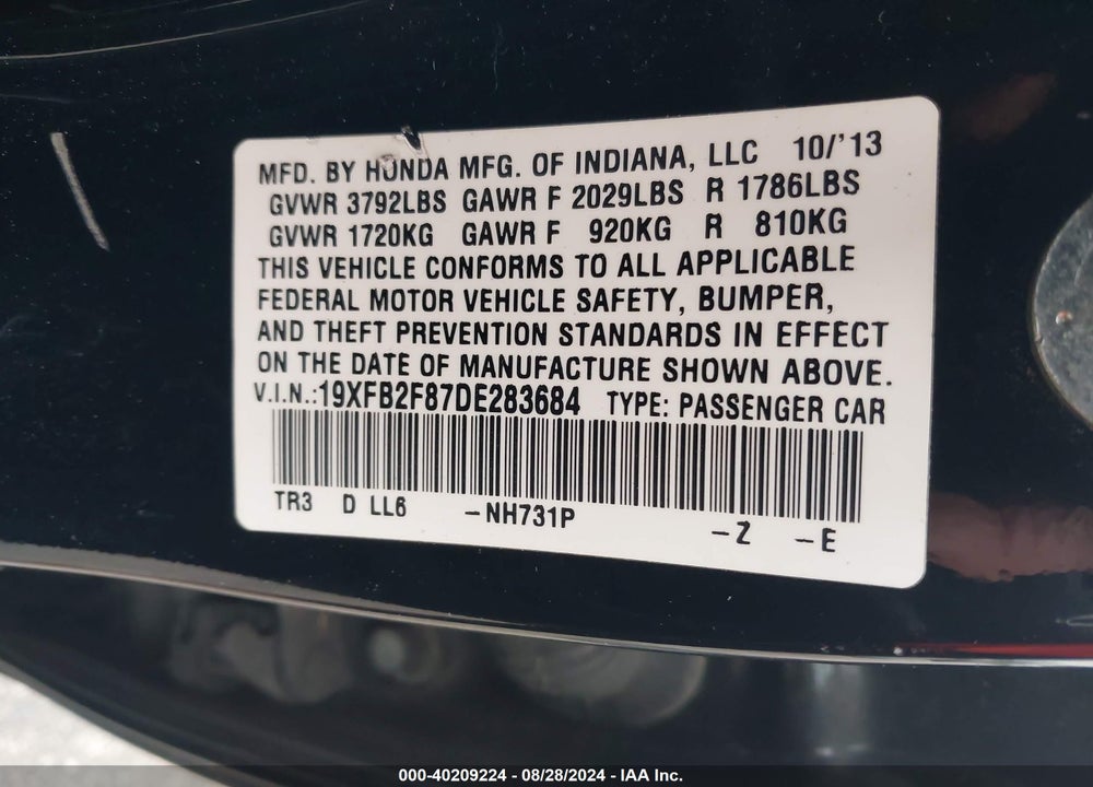 2013 HONDA CIVIC EX VIN: 19XFB2F87DE283684