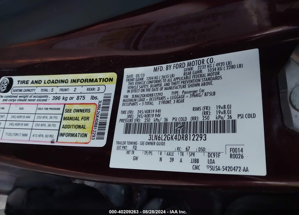 2013 LINCOLN MKZ VIN: 3LN6L2GK4DR812293