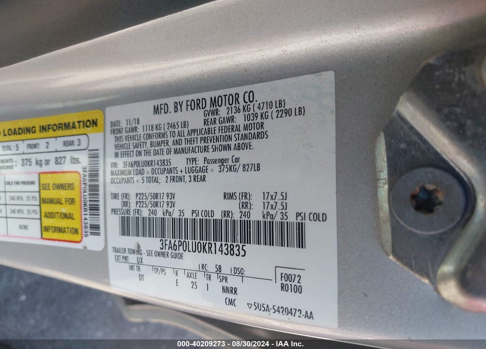 2019 FORD FUSION HYBRID VIN: 3FA6P0LU0KR143835