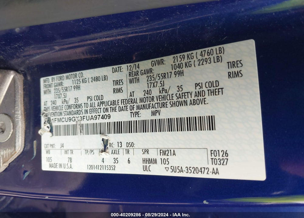 2015 FORD ESCAPE SE VIN: 1FMCU9GX3FUA97409