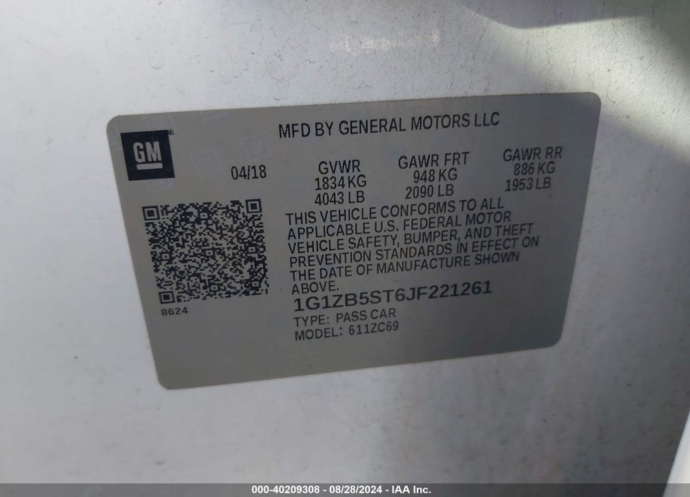 2018 CHEVROLET MALIBU 1LS VIN: 1G1ZB5ST6JF221261