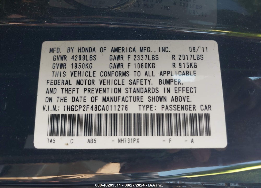 2012 HONDA ACCORD 2.4 LX-P VIN: 1HGCP2F48CA011276