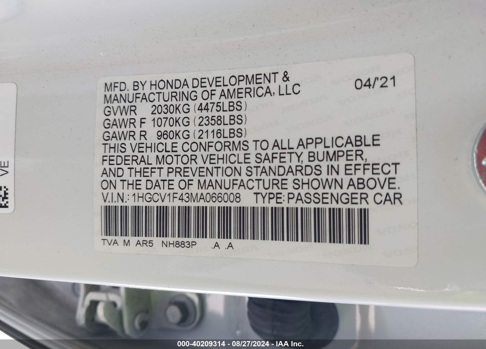 2021 HONDA ACCORD SPORT SPECIAL EDITION VIN: 1HGCV1F43MA066008