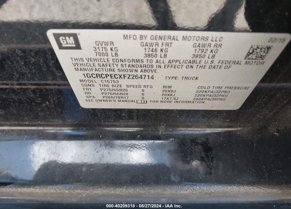 2015 CHEVROLET SILVERADO 1500 WT VIN: 1GCRCPECXFZ264714