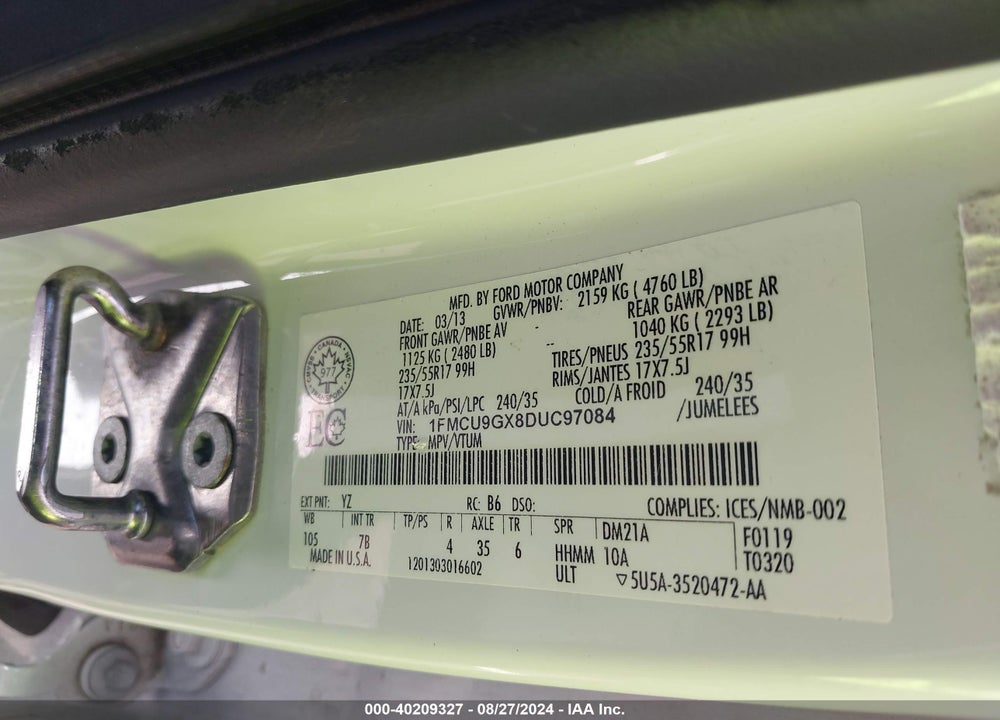 2013 FORD ESCAPE SE VIN: 1FMCU9GX8DUC97084