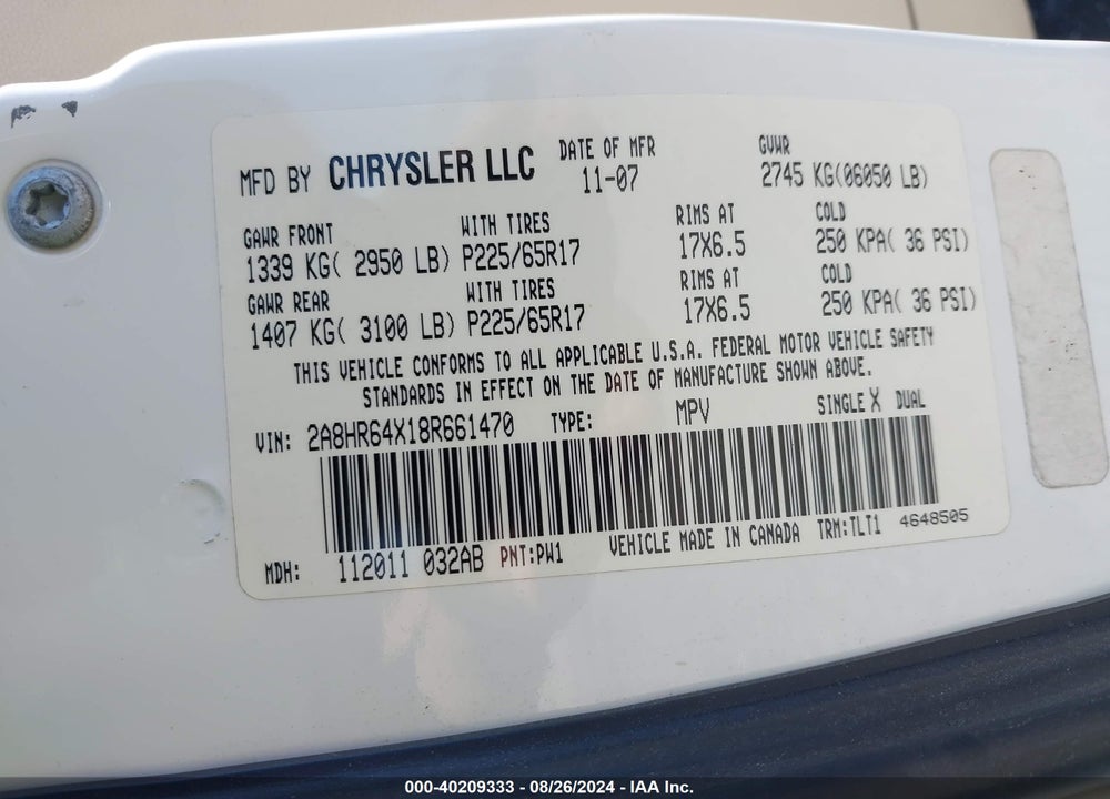 2008 CHRYSLER TOWN & COUNTRY LIMITED VIN: 2A8HR64X18R661470