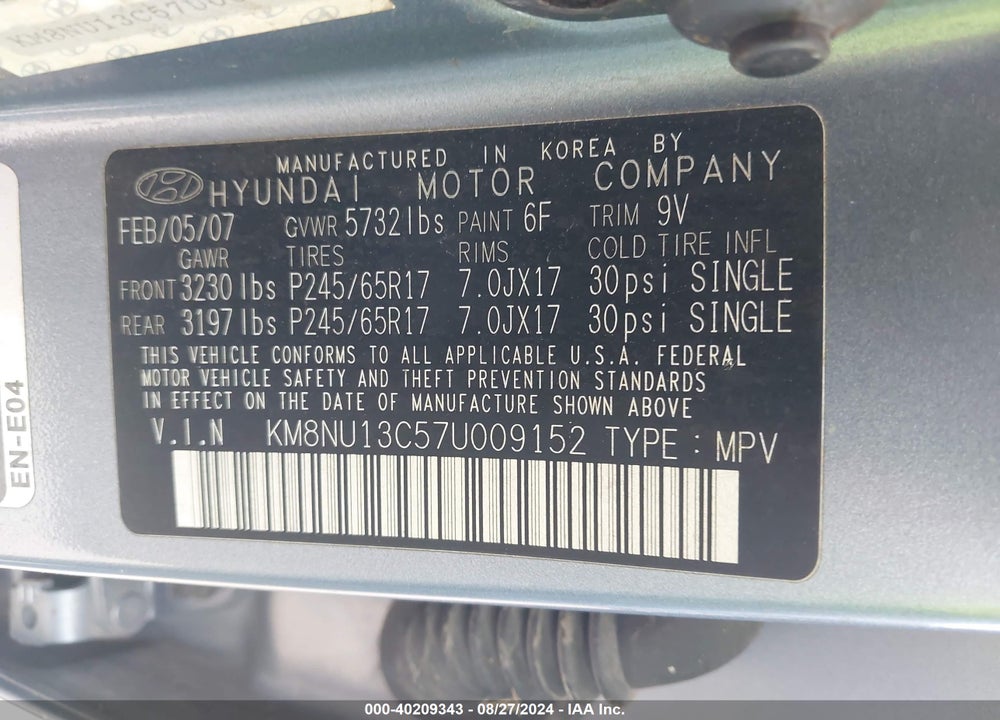 2007 HYUNDAI VERACRUZ GLS/LIMITED/SE VIN: KM8NU13C57U009152