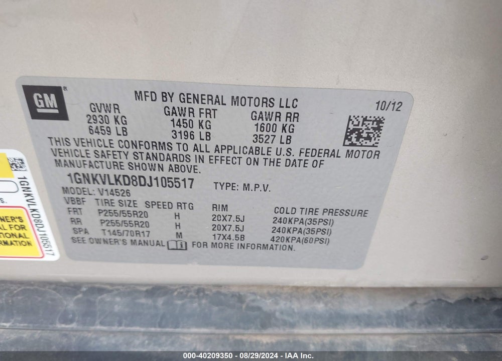 2013 CHEVROLET TRAVERSE LTZ VIN: 1GNKVLKD8DJ105517