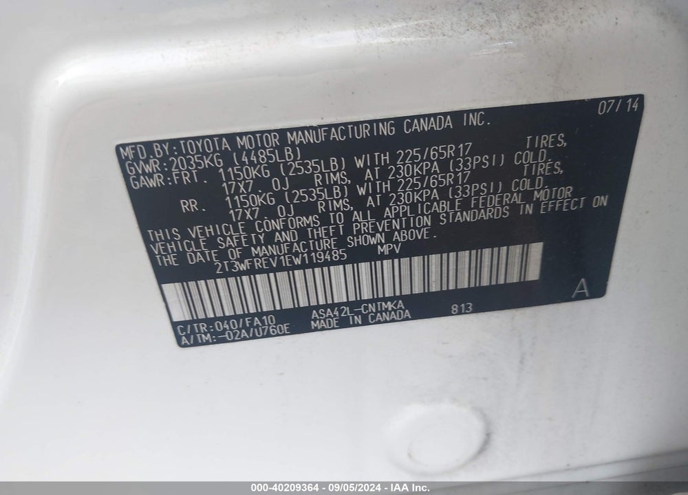 2014 TOYOTA RAV4 XLE VIN: 2T3WFREV1EW119485