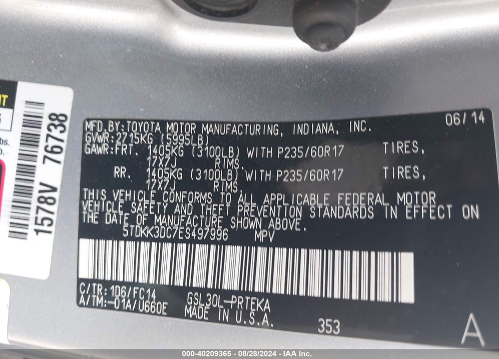 2014 TOYOTA SIENNA LE V6 8 PASSENGER VIN: 5TDKK3DC7ES497996