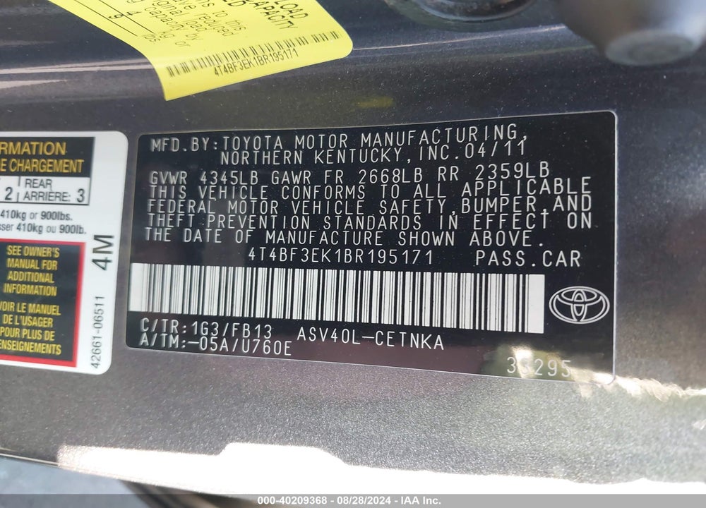 2011 TOYOTA CAMRY LE VIN: 4T4BF3EK1BR195171