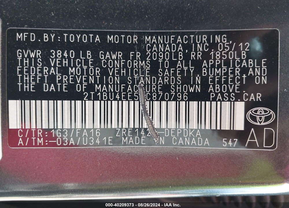 2012 TOYOTA COROLLA L VIN: 2T1BU4EE5CC870796