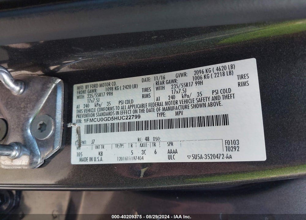 2017 FORD ESCAPE SE VIN: 1FMCU0GD5HUC22799