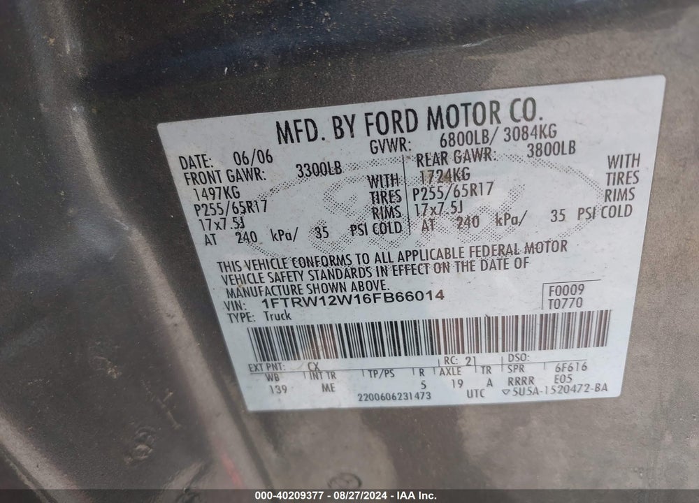 2006 FORD F-150 XLT VIN: 1FTRW12W16FB66014