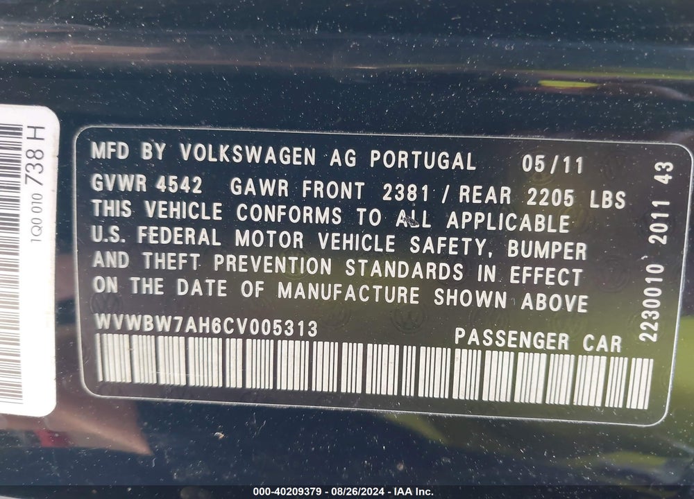 2012 VOLKSWAGEN EOS KOMFORT VIN: WVWBW7AH6CV005313
