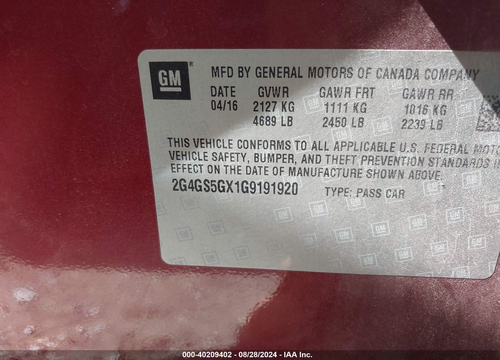 2016 BUICK REGAL TURBO PREMIUM II VIN: 2G4GS5GX1G9191920