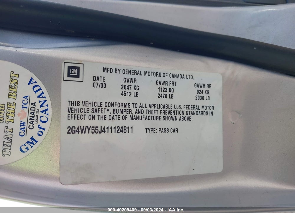 2001 BUICK CENTURY LIMITED VIN: 2G4WY55J411124811
