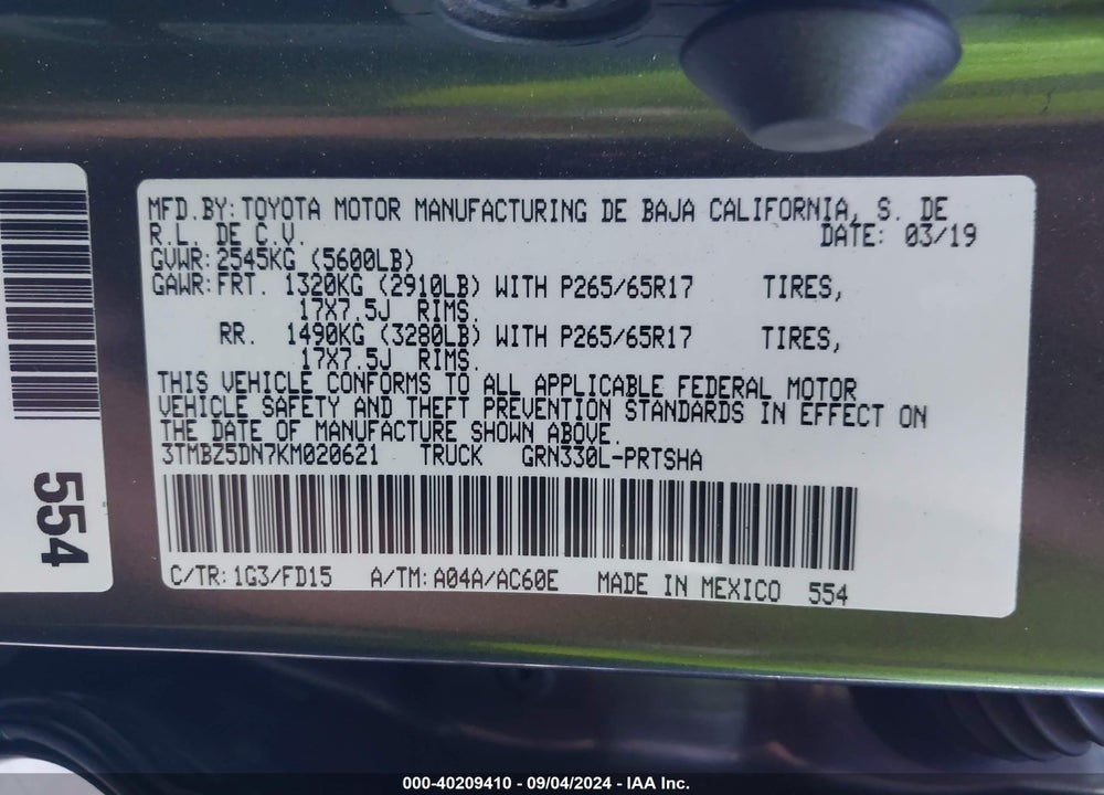 2019 TOYOTA TACOMA TRD SPORT VIN: 3TMBZ5DN7KM020621