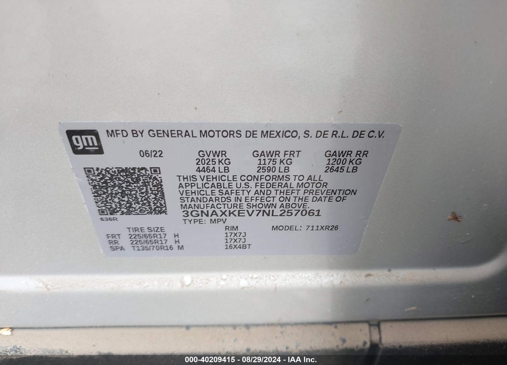 2022 CHEVROLET EQUINOX FWD LT VIN: 3GNAXKEV7NL257061
