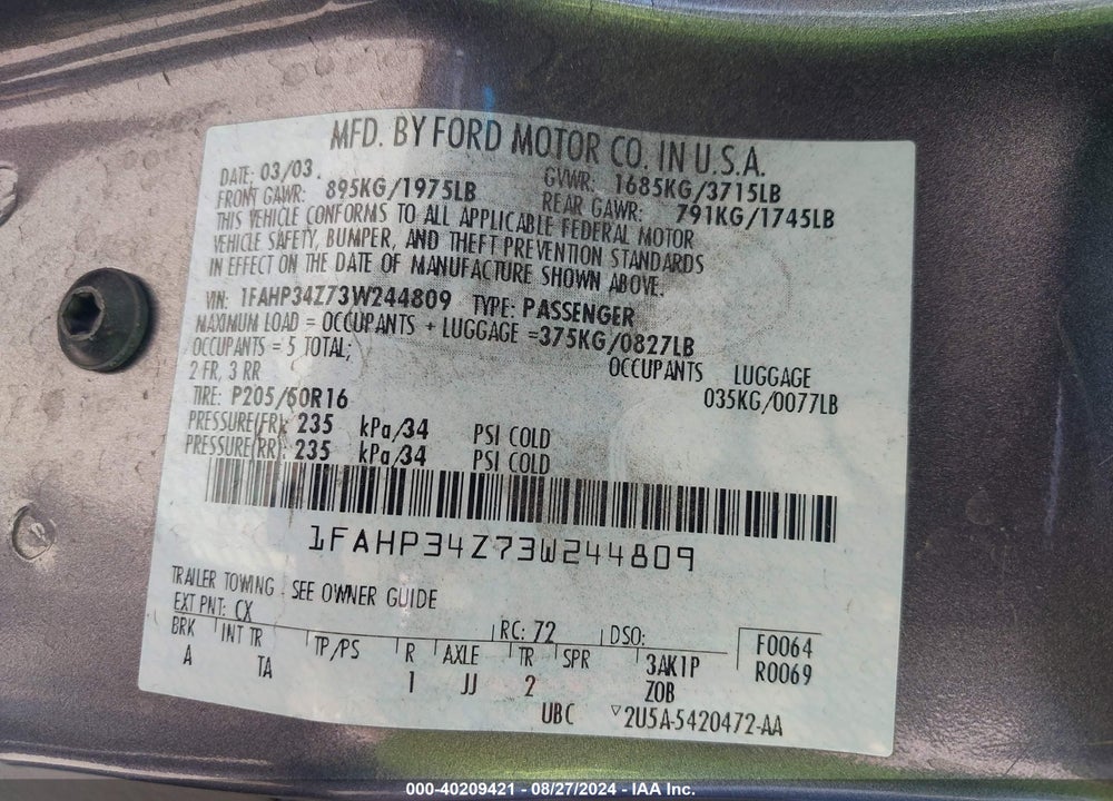 2003 FORD FOCUS SE VIN: 1FAHP34Z73W244809