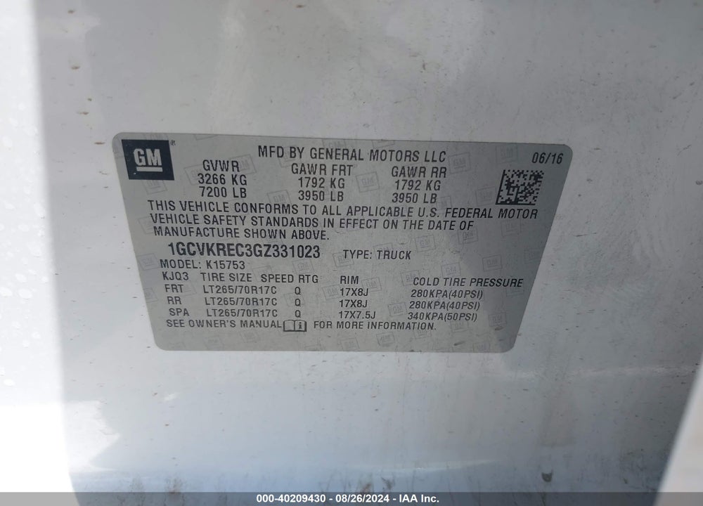 2016 CHEVROLET SILVERADO 1500 1LT VIN: 1GCVKREC3GZ331023