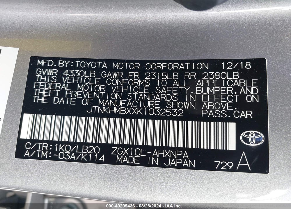 2019 TOYOTA C-HR LIMITED VIN: JTNKHMBXXK1032532
