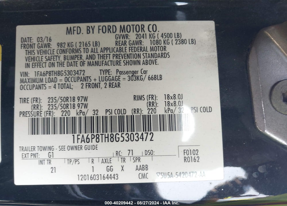 2016 FORD MUSTANG ECOBOOST VIN: 1FA6P8TH8G5303472