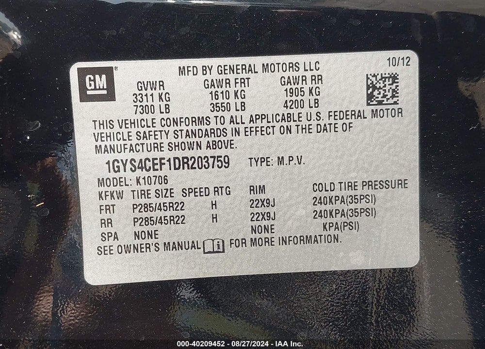 2013 CADILLAC ESCALADE PREMIUM VIN: 1GYS4CEF1DR203759