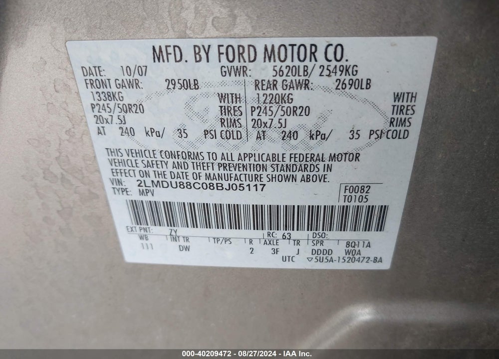 2008 LINCOLN MKX VIN: 2LMDU88C08BJ05117