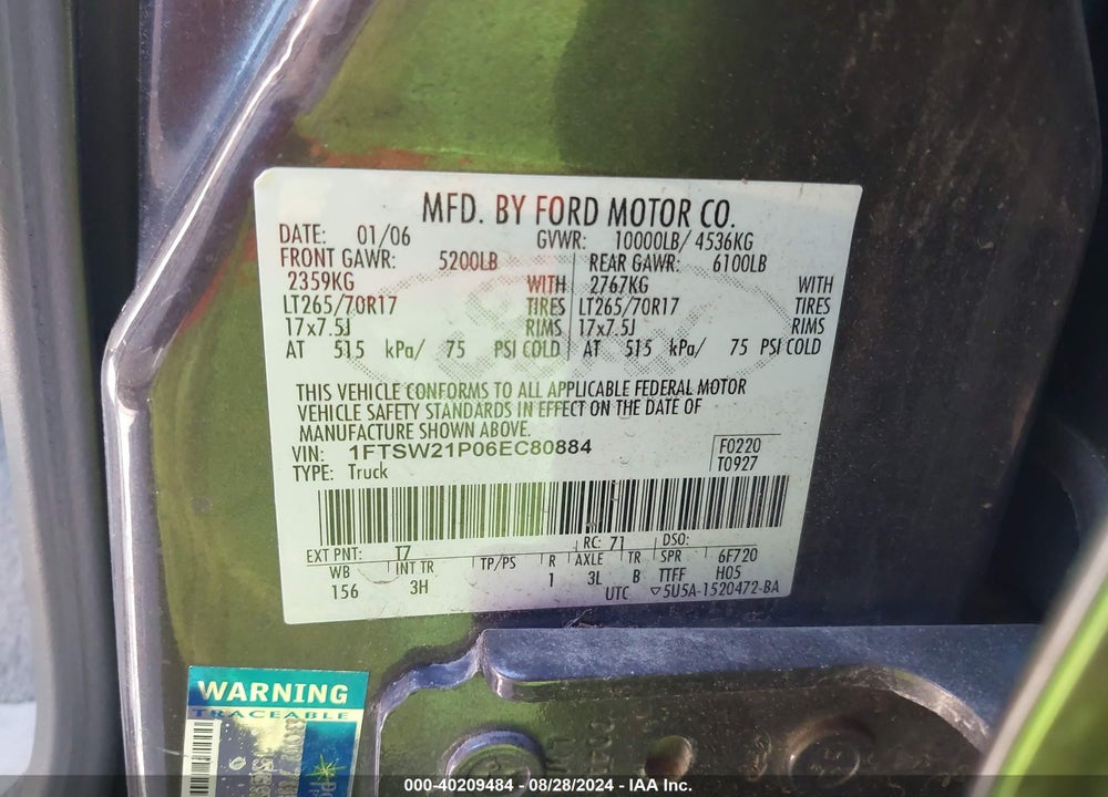 2006 FORD F-250 VIN: 1FTSW21P06EC80884
