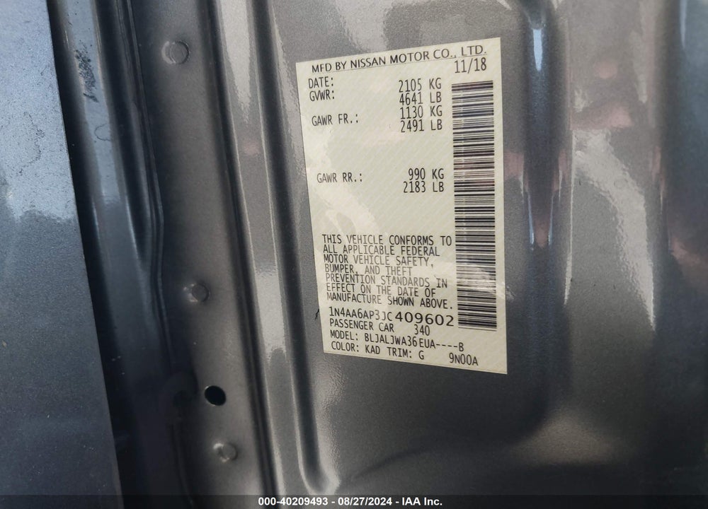 2018 NISSAN MAXIMA 3.5 SV VIN: 1N4AA6AP3JC409602