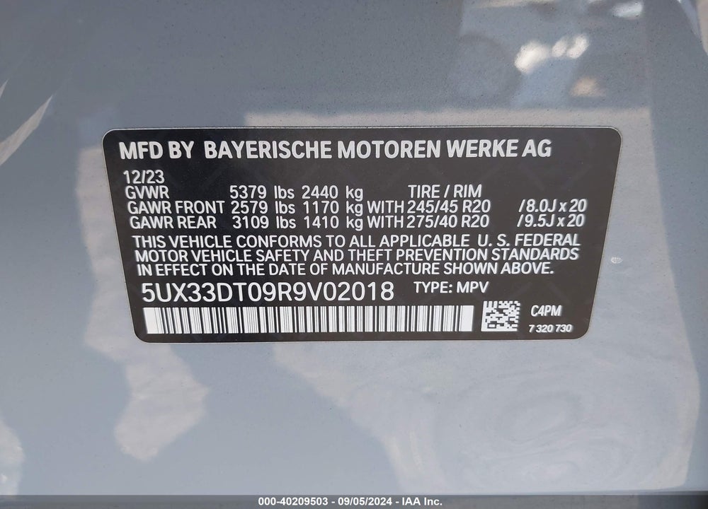 2024 BMW X4 XDRIVE30I VIN: 5UX33DT09R9V02018
