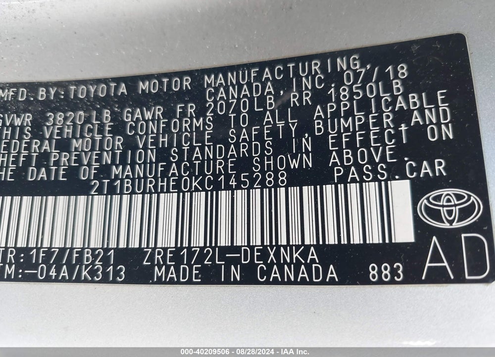 2019 TOYOTA COROLLA LE VIN: 2T1BURHE0KC145288